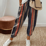
A pair of women's lilac floral joggers with a lightweight relaxed fit, featuring a striped pattern, shown in size 3XL. The joggers are worn by a model standing, showcasing the waist and leg areas.