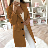 Women's long brown double-breasted blazer in 4XL, featuring a tailored fit with a classic trench coat style, notched collar, and full-length sleeves, ideal for an office chic look.