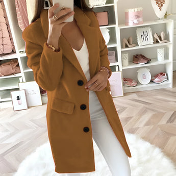 Women's long brown double-breasted blazer in 4XL, featuring a tailored fit with a classic trench coat style, notched collar, and full-length sleeves, ideal for an office chic look.