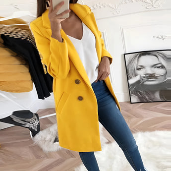 Tailored yellow double-breasted blazer for women, featuring a classic collar, long sleeves, and fitted waist design, suitable for office or formal occasions.