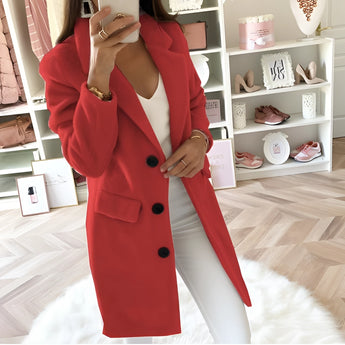 Women's long black double-breasted blazer featuring a tailored fit with a chic office style, displaying a classic collar, button closure, and structured waist, perfect for a professional and fashionable look.