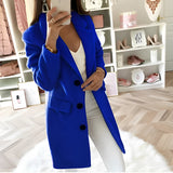 
A blue 5XL women's blazer with long sleeves and a tailored chic fashion design, featuring an oversized fit and a classic collar.