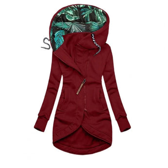 Women's long black zip-up hoodie featuring a tropical print lining, shown in red color, XXL size, with a hood and long sleeves.