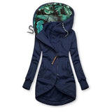 
A women's long black zip-up hoodie featuring a tropical print lining, with a spacious hood and pockets. The hoodie is in an electric blue variant and is available in XXL size.