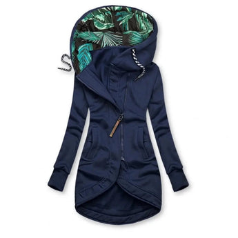 
A women's long black zip-up hoodie featuring a tropical print lining, with a spacious hood and pockets. The hoodie is in an electric blue variant and is available in XXL size.