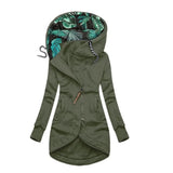Women's long black zip-up hoodie with tropical print lining, featuring a green exterior in XXL size.