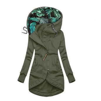Women's long black zip-up hoodie with tropical print lining, featuring a green exterior in XXL size.