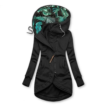 Women's long black zip-up hoodie with tropical print lining, featuring long sleeves and a hood, available in size XXL.