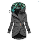 Long black zip-up hoodie for women featuring a tropical print lining, shown in a gray XXL variant. The outerwear has a coat-like appearance with long sleeves, a prominent collar, and resembles a jacket.