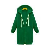 
A woman's long oversized zip-up hoodie in an electric blue color, featuring a casual urban streetwear style. The hoodie has long sleeves, a full-length zipper, and a comfortable collar, ideal for layering. The image showcases the hoodie in a 5XL size, suitable for a relaxed and stylish fit.