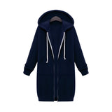 Woman wearing a long marine blue oversized zip-up hoodie, styled as urban streetwear, featuring a zipper closure, long sleeves, and a relaxed fit suitable for plus sizes like 5XL.