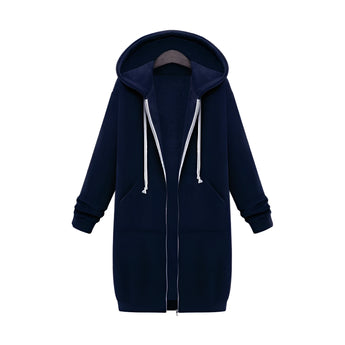 Woman wearing a long marine blue oversized zip-up hoodie, styled as urban streetwear, featuring a zipper closure, long sleeves, and a relaxed fit suitable for plus sizes like 5XL.