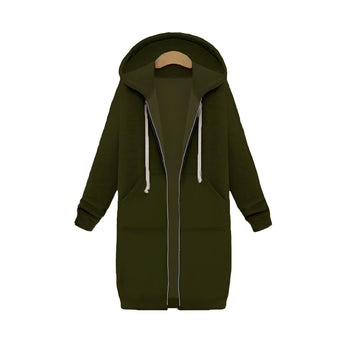 Women's oversized zip-up hoodie in olive green, featuring a long design with front zipper, full-length sleeves, and a comfortable collar.