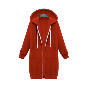 Women's long oversized zip-up hoodie in orange, featuring a streetwear style with a large collar and long sleeves, designed for an urban look.