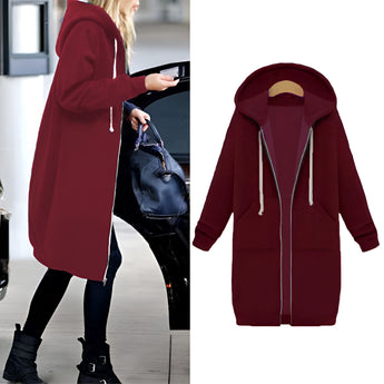 Women's long blue oversized zip-up hoodie with a streetwear style, featuring long sleeves and a casual fit.