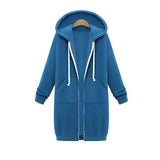Alt Text: A women's long blue oversized zip-up hoodie in an urban streetwear style, featuring a large hood, full-length sleeves, and a relaxed fit, perfect for layering. The hoodie is showcased in size 5XL.