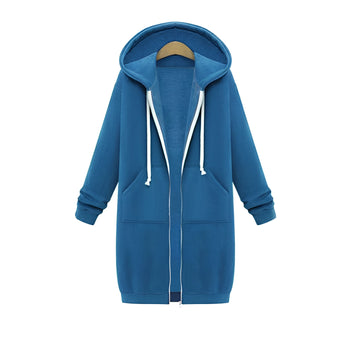Alt Text: A women's long blue oversized zip-up hoodie in an urban streetwear style, featuring a large hood, full-length sleeves, and a relaxed fit, perfect for layering. The hoodie is showcased in size 5XL.