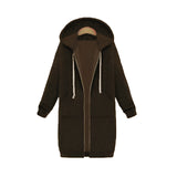 
A women's long blue oversized zip-up hoodie designed in an urban streetwear style, featuring a relaxed fit with a prominent collar and long sleeves, suitable for casual wear.