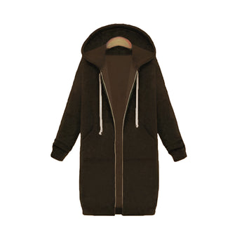 
A women's long blue oversized zip-up hoodie designed in an urban streetwear style, featuring a relaxed fit with a prominent collar and long sleeves, suitable for casual wear.