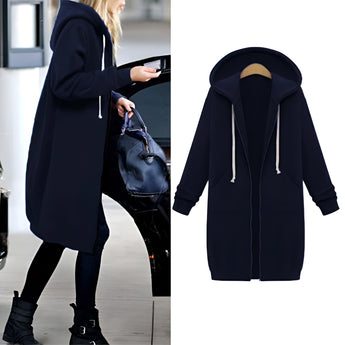 Women's long blue oversized zip-up hoodie featuring a casual urban streetwear style, designed with long sleeves, a full-length zipper, and a comfortable fit.