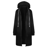
A women's long oversized zip-up hoodie in electric blue, featuring a hood and full-length sleeves, designed in an urban streetwear style.