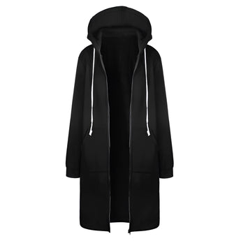
A women's long oversized zip-up hoodie in electric blue, featuring a hood and full-length sleeves, designed in an urban streetwear style.
