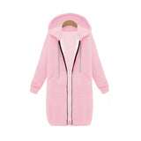 Women's long oversized zip-up hoodie in electric blue with rose accents, featuring a relaxed fit with full-length sleeves and a collar, styled for urban streetwear in size 5XL.