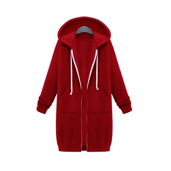 A stylish women's oversized hoodie in a rich red color, featuring a zip-up front and a relaxed, loose fit, ideal for urban streetwear. The hoodie includes long sleeves and a comfortable collar, suitable for layering in cooler weather.