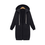 
A women's long blue oversized zip-up hoodie featuring a casual urban streetwear design, with a prominent front zipper, long sleeves, and a relaxed fit.