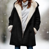 Women's black long suede coat with fleece lining, featuring toggle closures, a collar, and long sleeves. Suitable for cold weather, this 3XL coat combines style and warmth.