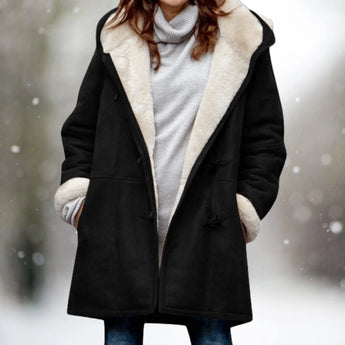 Women's black long suede coat with fleece lining, featuring toggle closures, a collar, and long sleeves. Suitable for cold weather, this 3XL coat combines style and warmth.