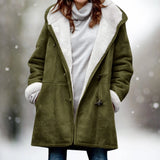 Women's long green fleece-lined suede coat in size 3XL with a warm toggle closure, featuring a stylish collar and long sleeves.