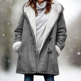 Women's long gray fleece-lined suede coat in size 3XL, featuring a warm toggle closure, stylish overcoat design with long sleeves and a high neck, suitable for fashion-forward outerwear.
