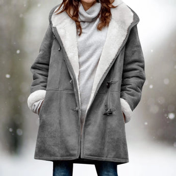 Women's long gray fleece-lined suede coat in size 3XL, featuring a warm toggle closure, stylish overcoat design with long sleeves and a high neck, suitable for fashion-forward outerwear.
