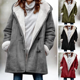 Women's long suede coat with fleece lining and toggle closure, in a stylish design featuring a warm overcoat style. The coat is displayed in a photograph, showcasing its elegant and fashionable appeal. The coat is primarily black, with the lining seen near the neck area.