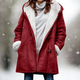 
A red, 3XL women's long suede coat with fleece lining, featuring a warm toggle closure, collar, and long sleeves.