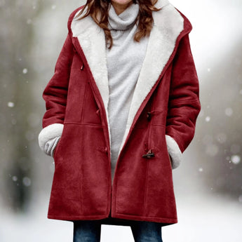 
A red, 3XL women's long suede coat with fleece lining, featuring a warm toggle closure, collar, and long sleeves.