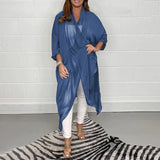 Women's long flowy blue kimono cardigan in size 5XL, featuring a knee-length design and versatile style suitable for both workwear and casual settings.