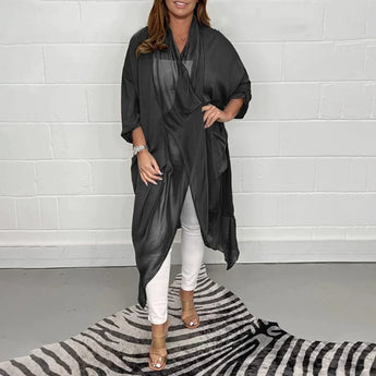 Women's long flowy black kimono cardigan in size 5XL, featuring loose sleeves and a relaxed fit, designed as a versatile summer wrap.