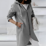 Woman wearing a gray 5XL long asymmetric zip hoodie featuring a stylish design with a collar and long sleeves.