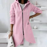 Women's long pink asymmetric zip hoodie in size 5XL, featuring a stylish and lightweight design with a focus on outerwear fashion. The hoodie includes long sleeves and a unique zip closure, making it a fashionable choice for casual wear.