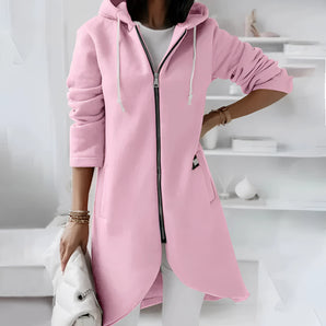 Women's long pink asymmetric zip hoodie in size 5XL, featuring a stylish and lightweight design with a focus on outerwear fashion. The hoodie includes long sleeves and a unique zip closure, making it a fashionable choice for casual wear.