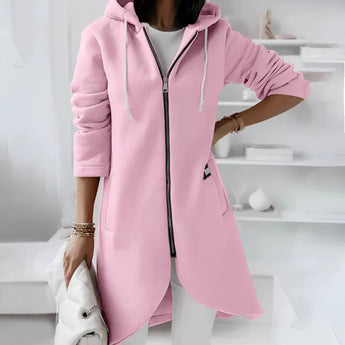 Women's long pink asymmetric zip hoodie in size 5XL, featuring a stylish and lightweight design with a focus on outerwear fashion. The hoodie includes long sleeves and a unique zip closure, making it a fashionable choice for casual wear.