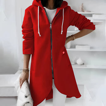 Women's long red asymmetric zip hoodie in size 5XL, featuring a stylish collar and long sleeves, made from lightweight textile material.