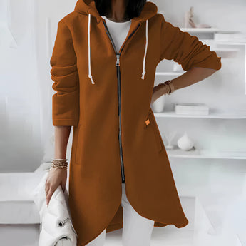 Women's brown long asymmetric zip hoodie, 5XL, featuring a stylish design with a lightweight fabric, long sleeves, and a unique collar.