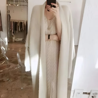 Women's beige long cardigan in size 3XL, designed for cozy spring layering, featuring a focus on the neck, sleeve, and waist areas.