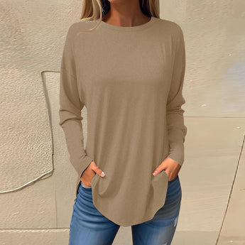 Women's long-sleeve lavender tunic sweater in size 3XL, featuring a casual design with a lightweight fabric, showcasing a crew neck, long sleeves, and a relaxed fit around the waist.