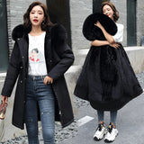 
A black women's long winter parka featuring a blue fur collar and an adjustable waist, shown in size 6XL.