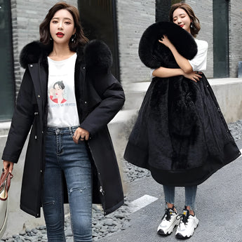 
A black women's long winter parka featuring a blue fur collar and an adjustable waist, shown in size 6XL.