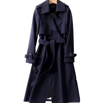 
A marine blue women's luxury trench coat in a XXXL size, featuring a double-breasted design with a structured collar, long sleeves, and a fitted waist for a formal and sophisticated look.